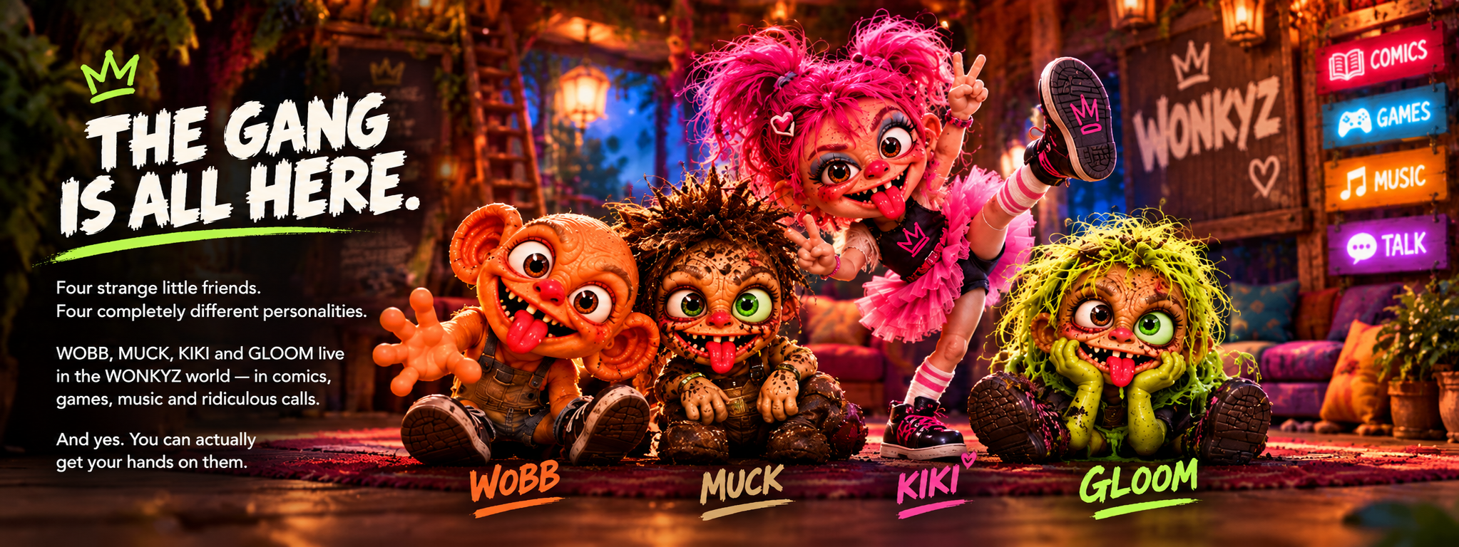 THE GANG IS ALL HERE. Four strange little friends with four completely different personalities. WOBB, MUCK, KIKI and GLOOM live in the WONKYZ world—in comics, games, music and ridiculous calls. WOBB, MUCK and GLOOM sit together while KIKI performs a high kick. Physical WONKYZ toys are planned.