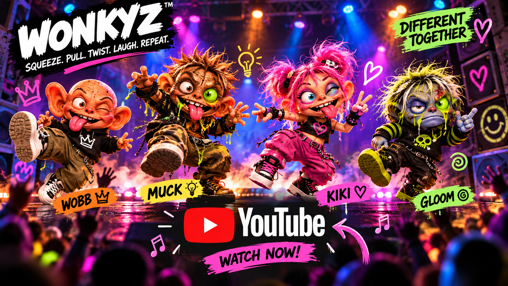 WOBB, MUCK, KIKI and GLOOM dancing on stage, with the YouTube WATCH NOW callout